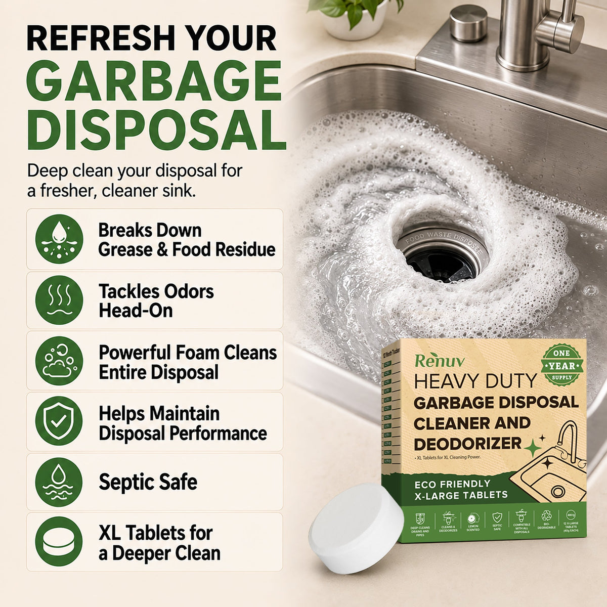 Renuv Garbage Disposal Cleaner & Deodorizer Tablets