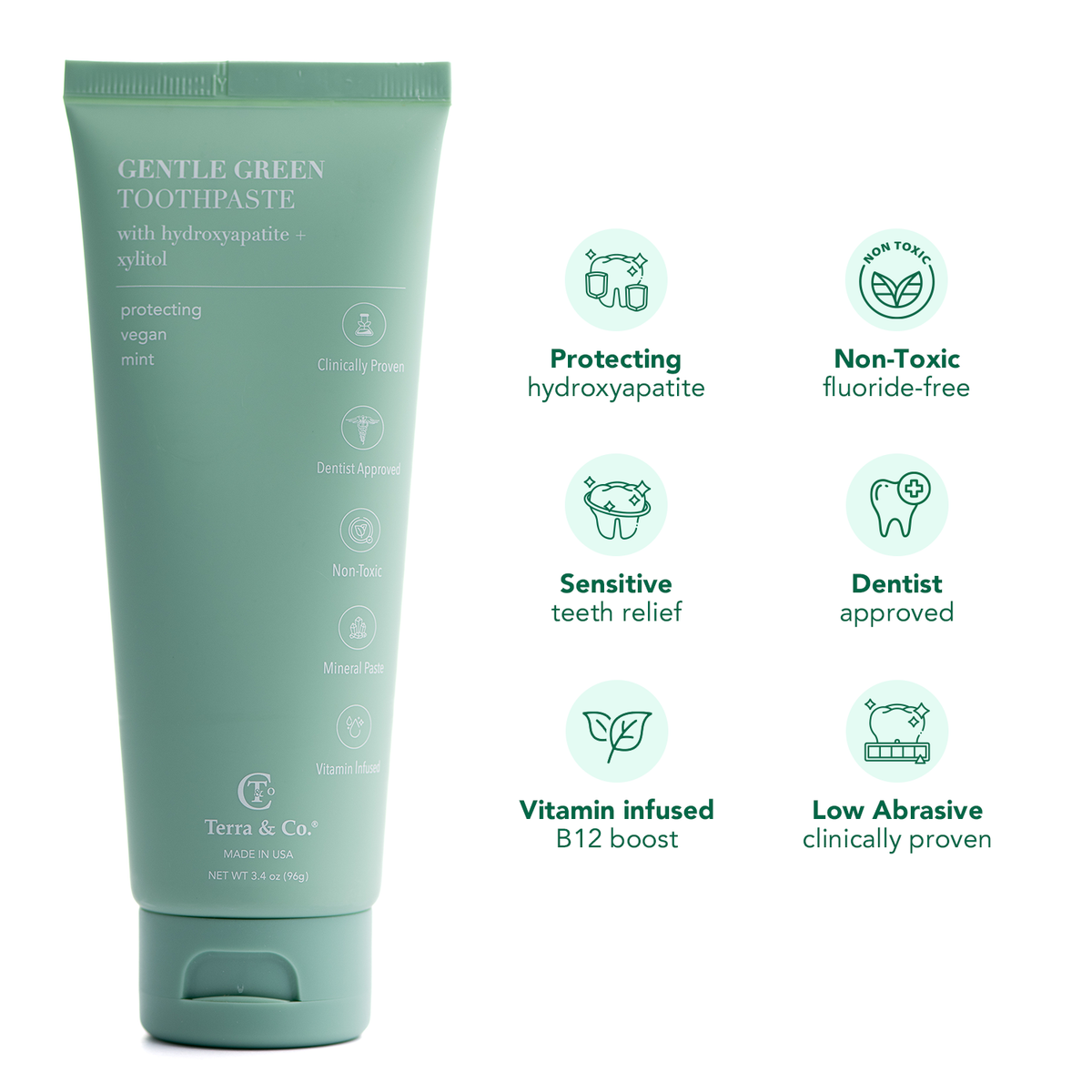 Terra & Co. Gentle Green Sensitive Toothpaste with Hydroxyapatite & B12, Fluoride-Free