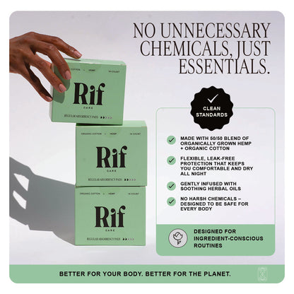 Rif care Organic Cotton & Hemp Fiber Pads with Wings, Regular Absorbency, 42 Pack