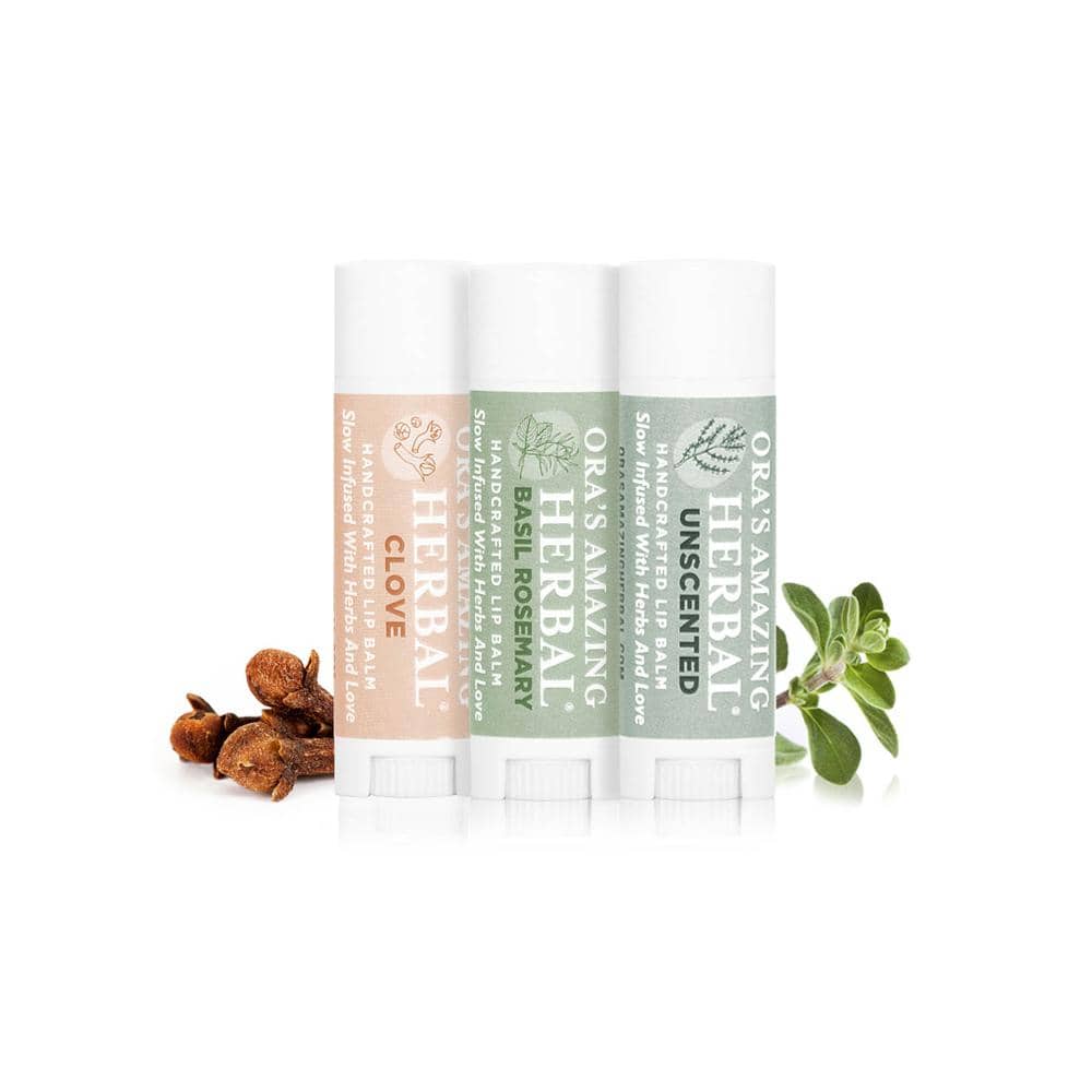 Ora's Amazing Herbal Natural Lip Balm 3-Pack, Clove, Basil Rosemary or Unscented